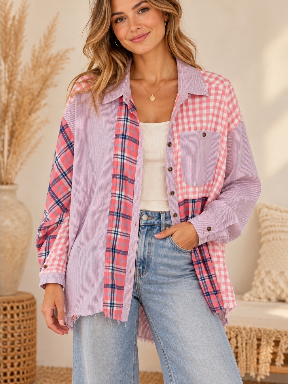 Haptics Lavender & Pink Patchwork Plaid Button-Down Shirt (090789) 🌼 🍂